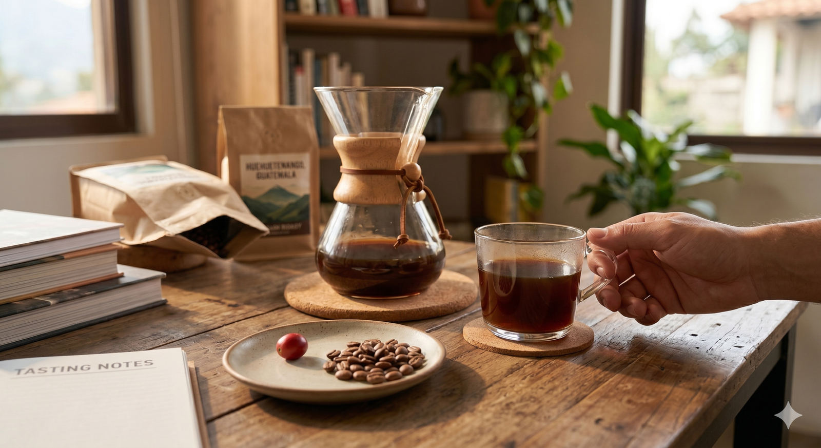 Manuel filtre kahve demleme ekipmanları (V60, Chemex) kullanılarak özenle kahve hazırlayan bir baristanın yakın çekim görüntüsü.