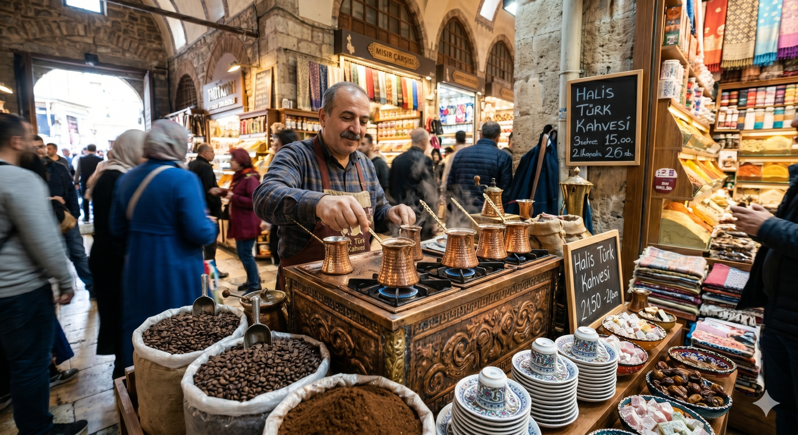 Bursa'nın tarihi sokaklarında, yöresel kahve aromasını keşfeden bir gezginin elinde taze demlenmiş bir fincan Türk kahvesi.